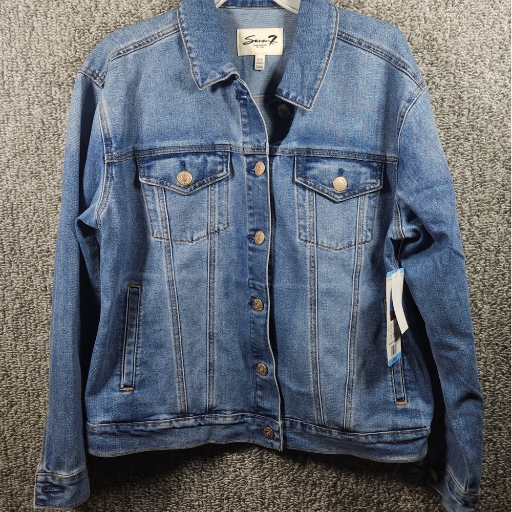 Seven7 Denim Jacket Blue Stretch Button Front Womens Large